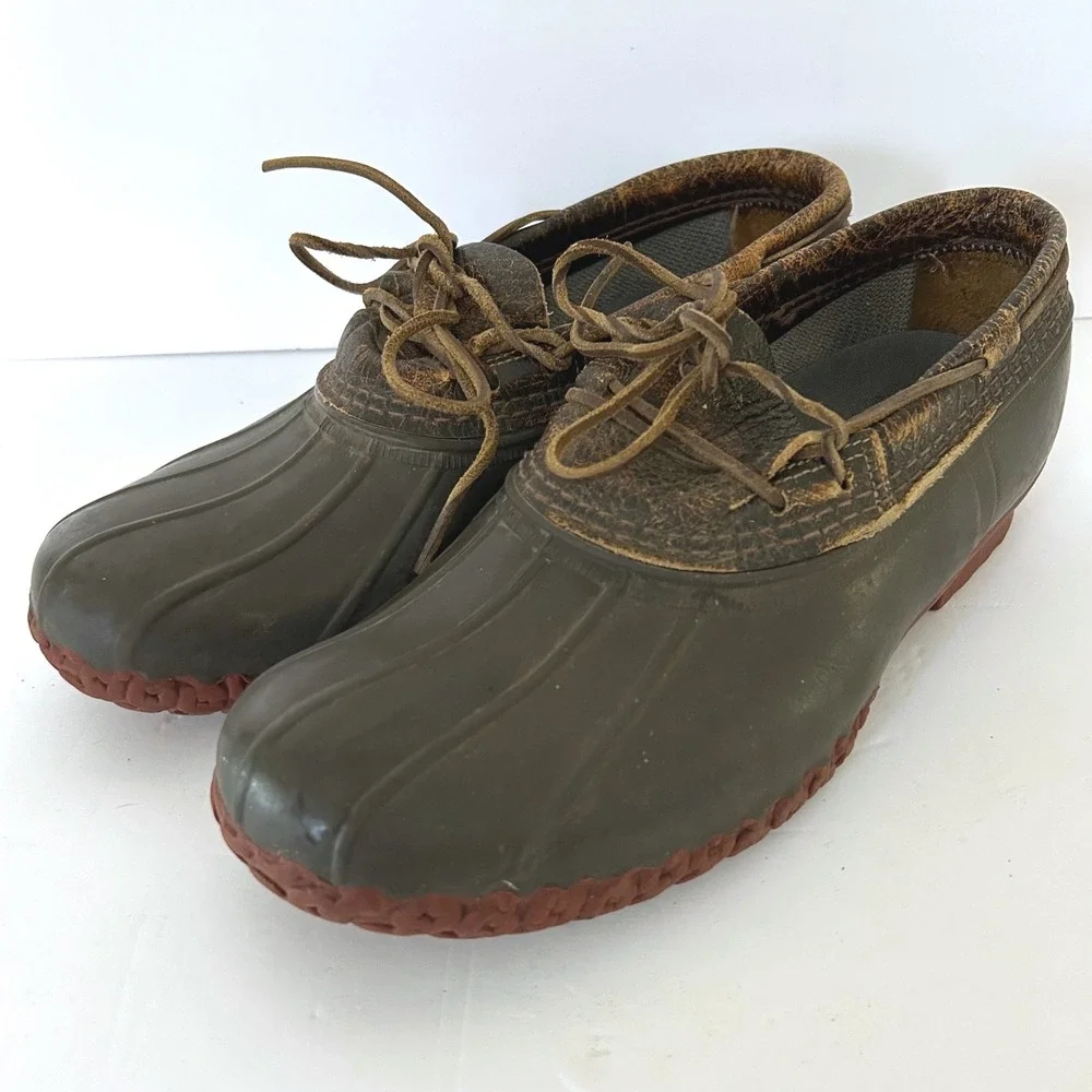 Vintage LL Bean Rubber Moc Boots Mens 10 Green Duck Shoes Leather Trim Maine USA